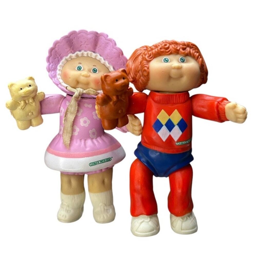 Vtg 80s Cabbage Patch Kids Action Figure Lot of 2 Baby Teddy Bear Preppy Argyle